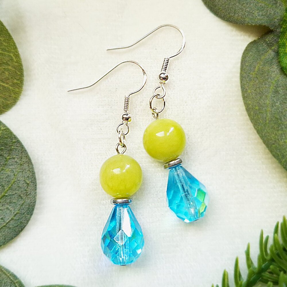 Lime Jade Stone & Iridescent Aqua Glass Drop Earrings, Sterling Silver Hooks
